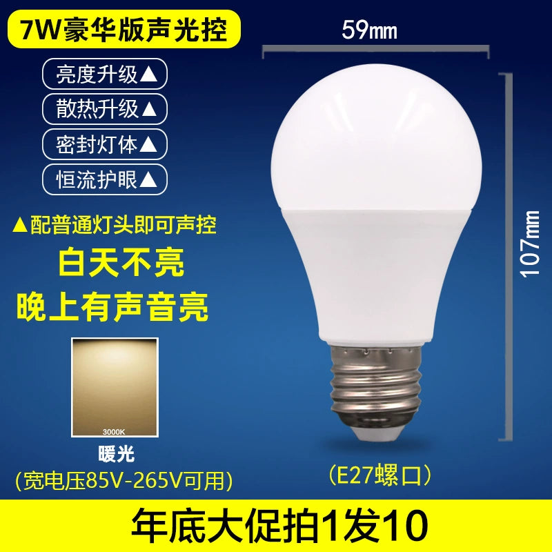 Lâmpada led de controle de som e luz, lâmpada de radar de controle de som do corredor 3w5we27, sensor de parafuso, lâmpada de economia de energia, globo