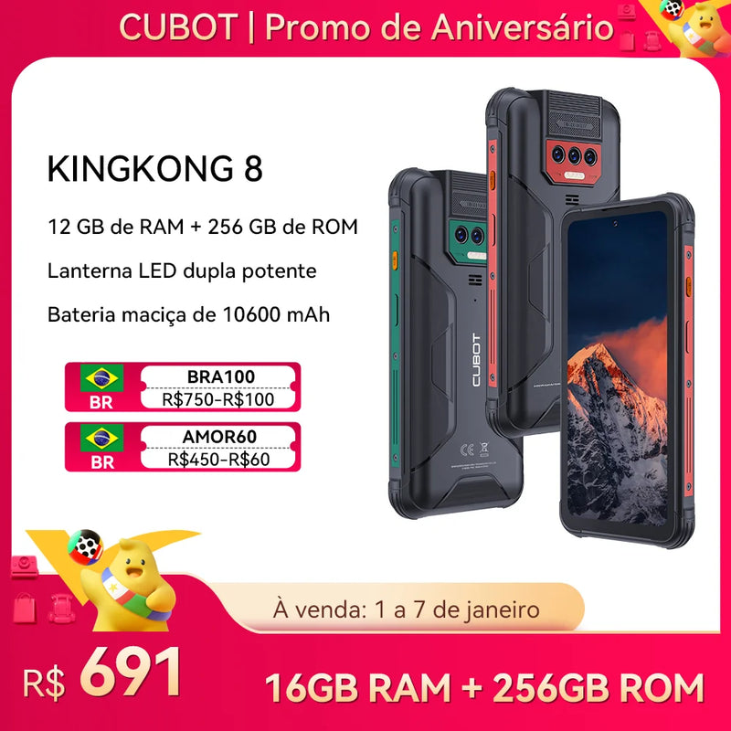 smartphone robusto à prova d'água Android 13, 12 GB de RAM (6 GB + 6 GB), 256 GB de ROM, 10600 mAh.