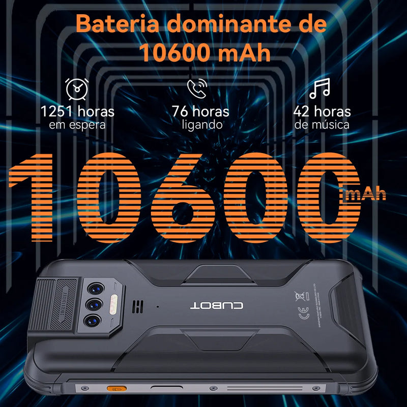 smartphone robusto à prova d'água Android 13, 12 GB de RAM (6 GB + 6 GB), 256 GB de ROM, 10600 mAh.