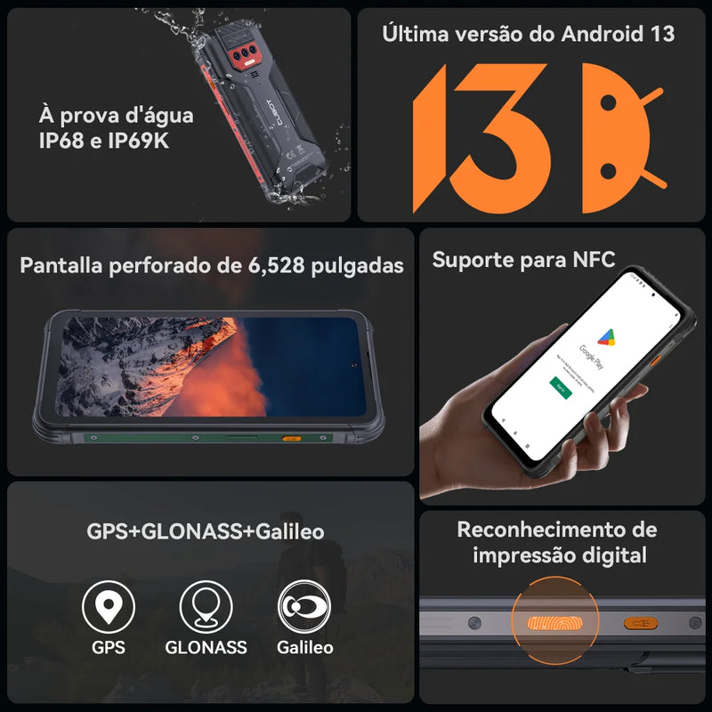 smartphone robusto à prova d'água Android 13, 12 GB de RAM (6 GB + 6 GB), 256 GB de ROM, 10600 mAh.